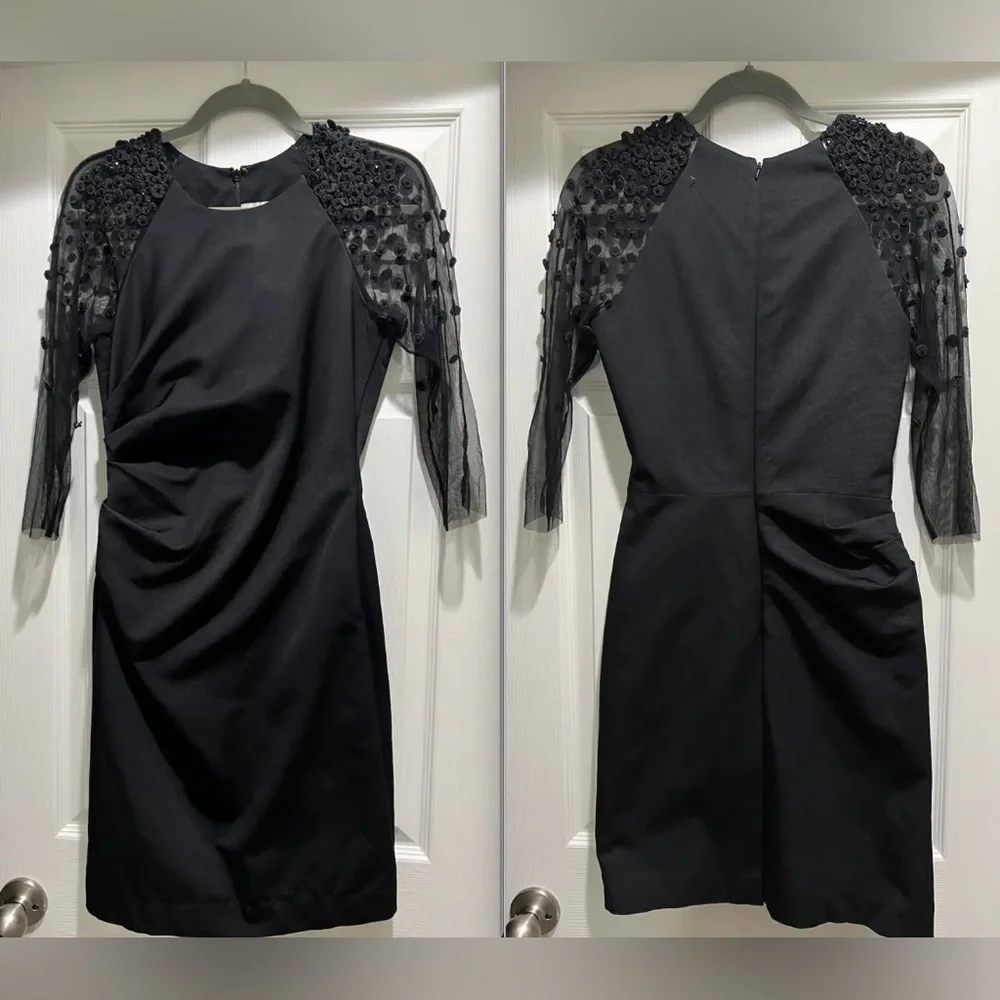 HOT Lela Rose Embellished Beaded Mesh Sleeve Ruched Sheath Black Dress $1695+! - Picture 6 of 12